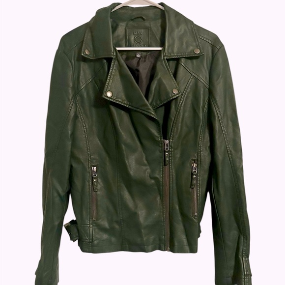 Max Studio Faux Leather Moto Jacket Women Large Dark Green Zip Front Biker Style - Picture 1 of 7